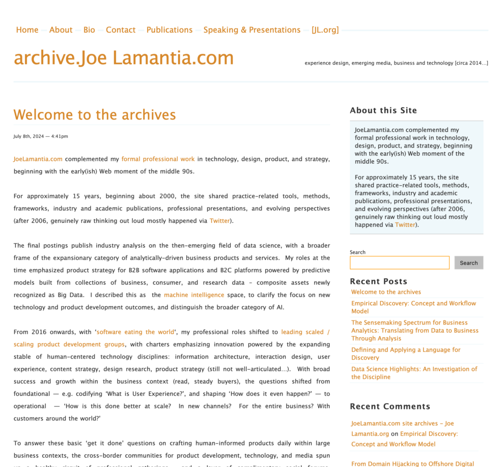 screenshot of JoeLamantia.com archive site home page